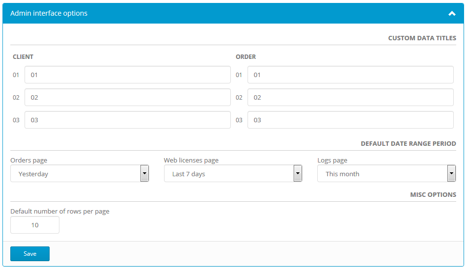 Activation center: Admin interface options