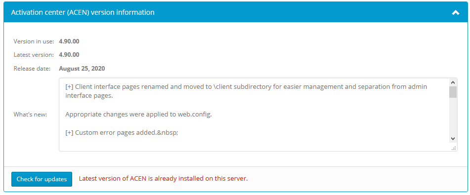 Activation center: Options: Acen update