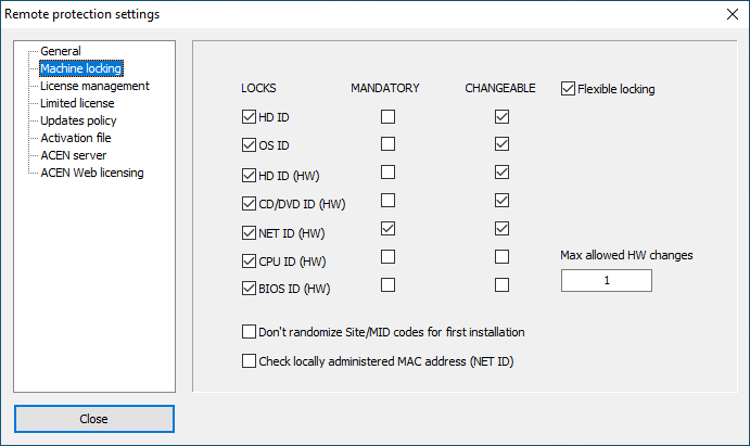 Remote protection: machine locking settings