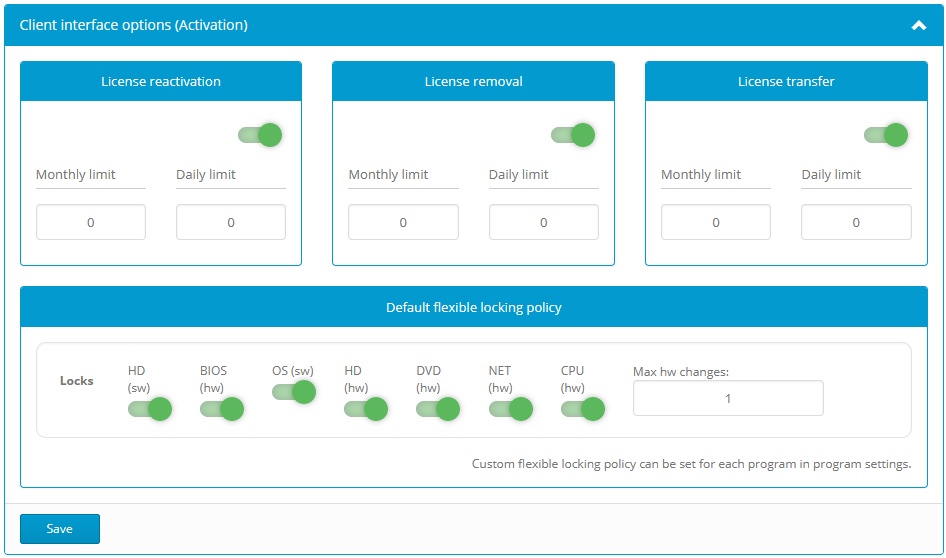 Activation center: Options: Client interface (Activation)