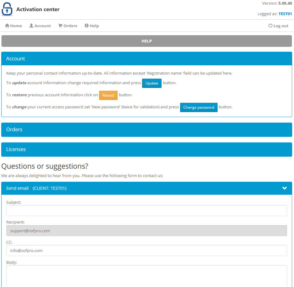 Activation center: Client interface: Help page