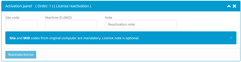 Activation center: Client interface: License reactivation