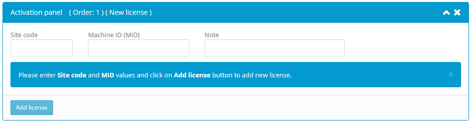 Activation center: Client interface: New license