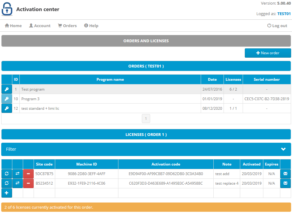 Activation center: Client interface: Orders page