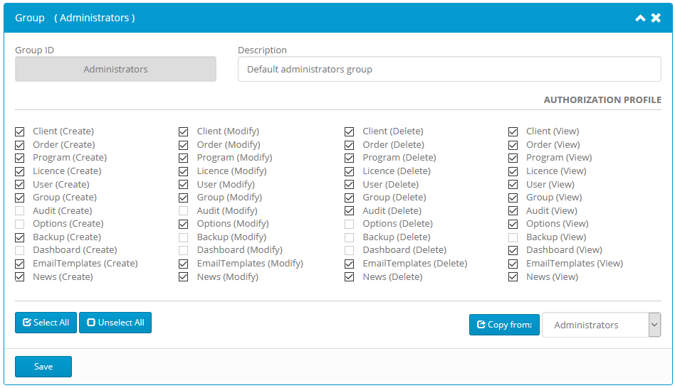 Activation center: Groups: Authorization profile