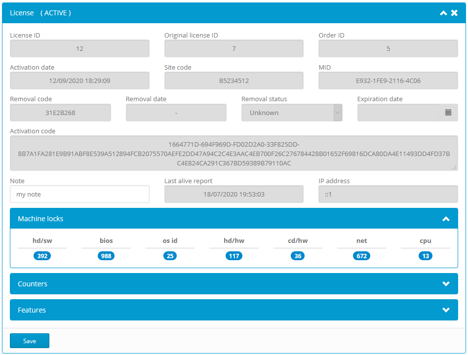 Activation center: License details