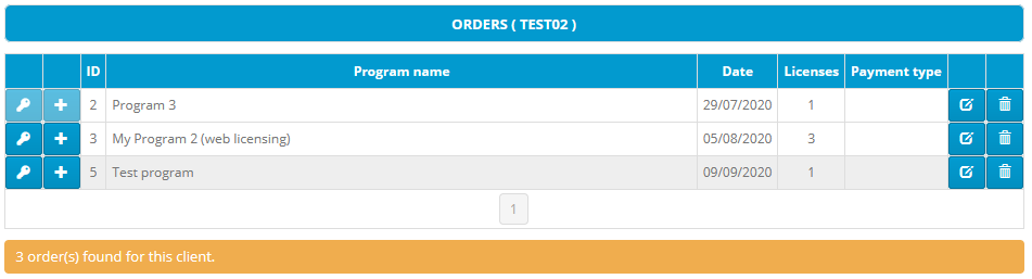 Activation center: Licenses: Orders grid