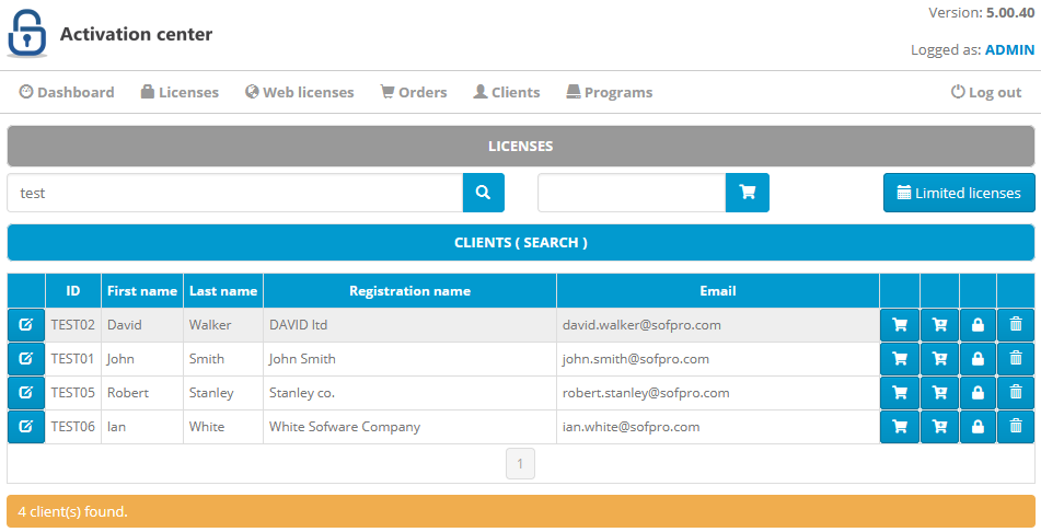 Activation center: Licenses: Clients search