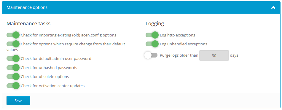 Activation center: Options: Maintenance options