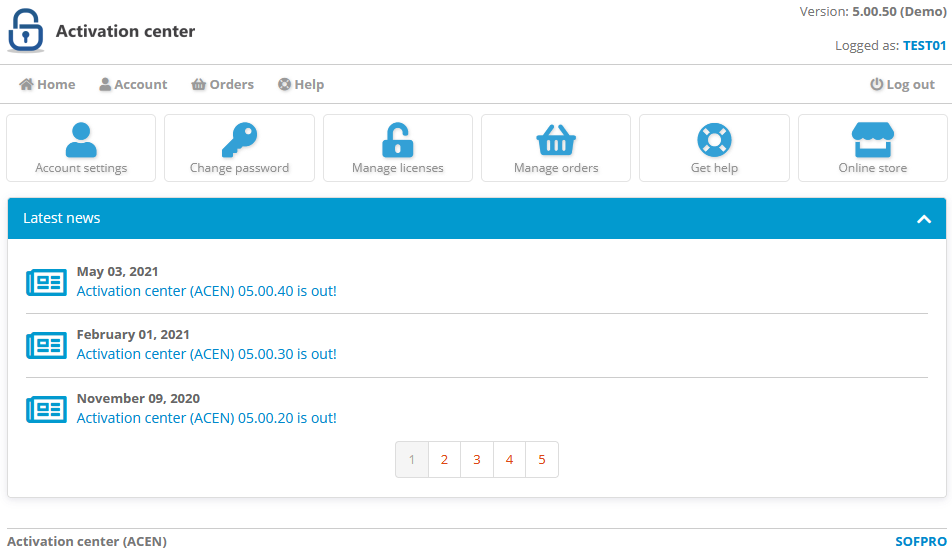 Activation center: Client interface: Home