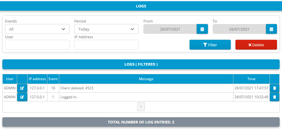 Activation center: Logs page