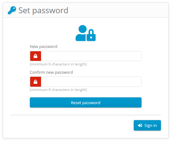 Activation center: Password reset page