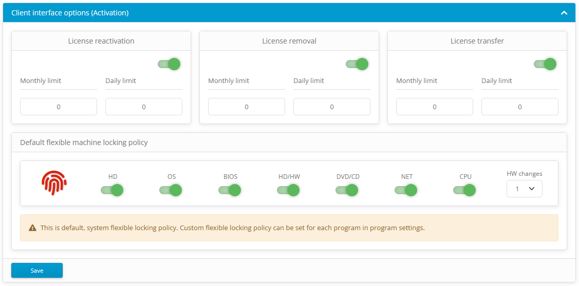 Activation center: Options: Client interface (Activation)