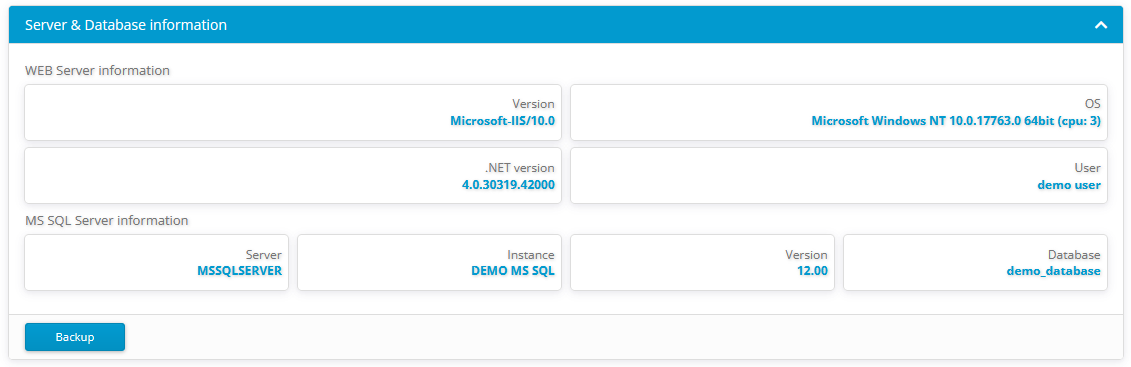 Activation center: Options: Server and Database information