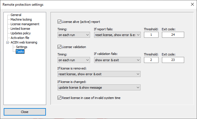 PC Guard: ACEN web licensing tasks settings