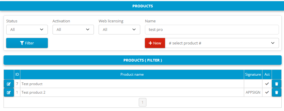 Activation center: Products page