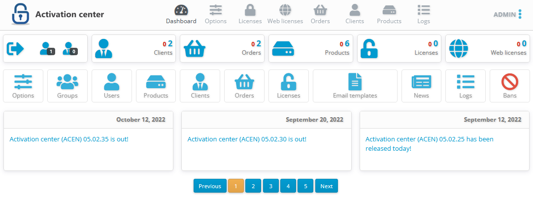 Activation center: Dashboard
