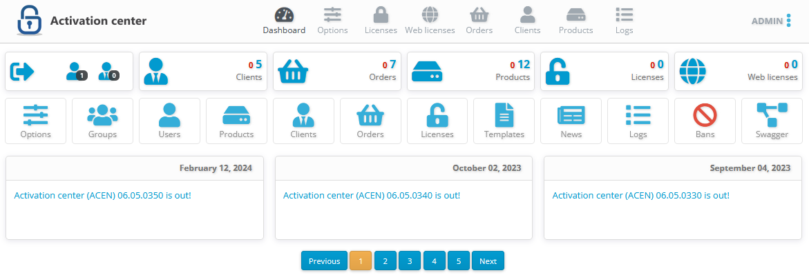 Activation center: Dashboard