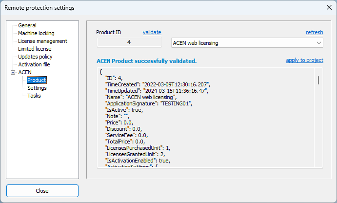 ACEN Licensing: Product settings