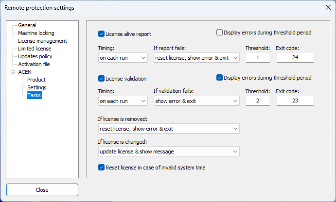 PC Guard: ACEN web licensing tasks settings