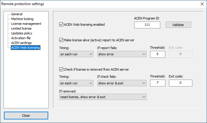 acen web licensing settings
