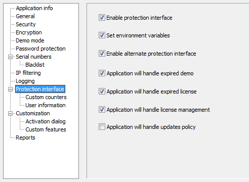 Protection interface settings