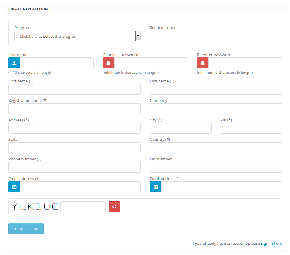 Add new account page for clients