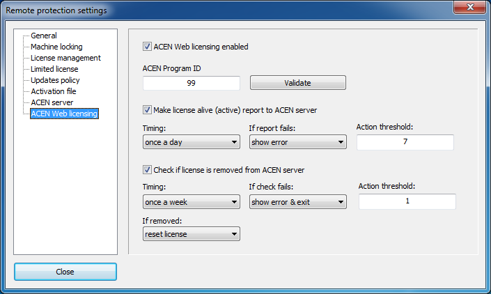 PC Guard: ACEN web licensing settings