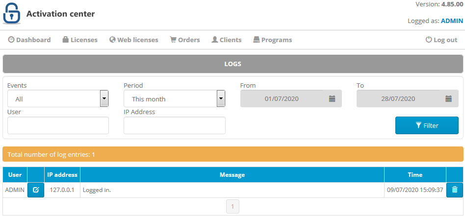 Administrator interface: Logs (Audit)