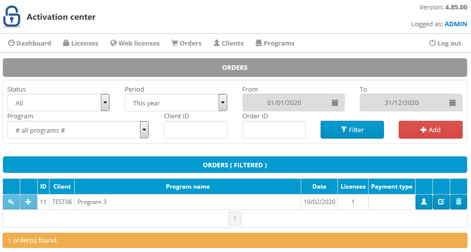 Administrator interface: Orders